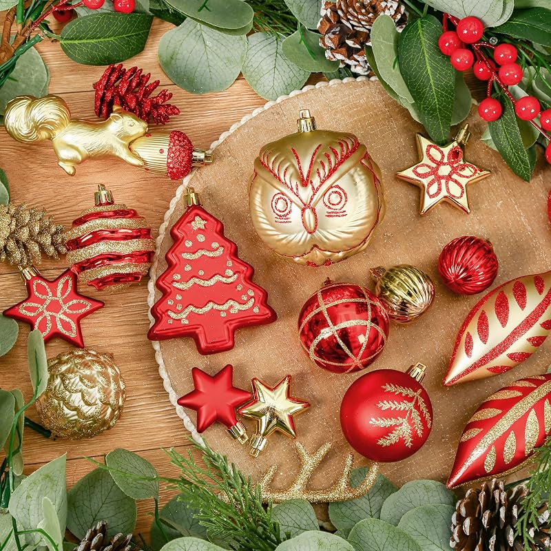 Christmas Tree Ornaments Set 96pcs - Shatterproof Plastic Baubles with Forest Animal Designs in Red & Gold
