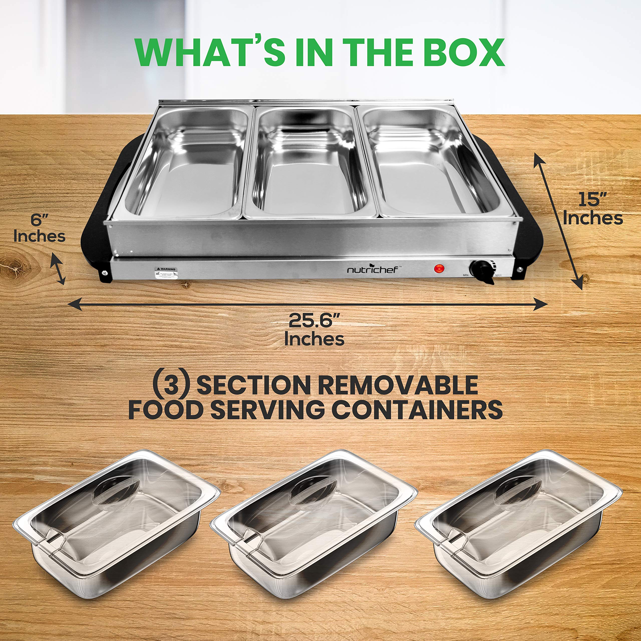 Nutrichef Professional Stainless Steel Buffet Warmer Server with 3 Trays - Portable Hot Plate Food Warmer Station for Parties & Events - Easy to Clean - 3 See-Through lids - Max Temperature 175F