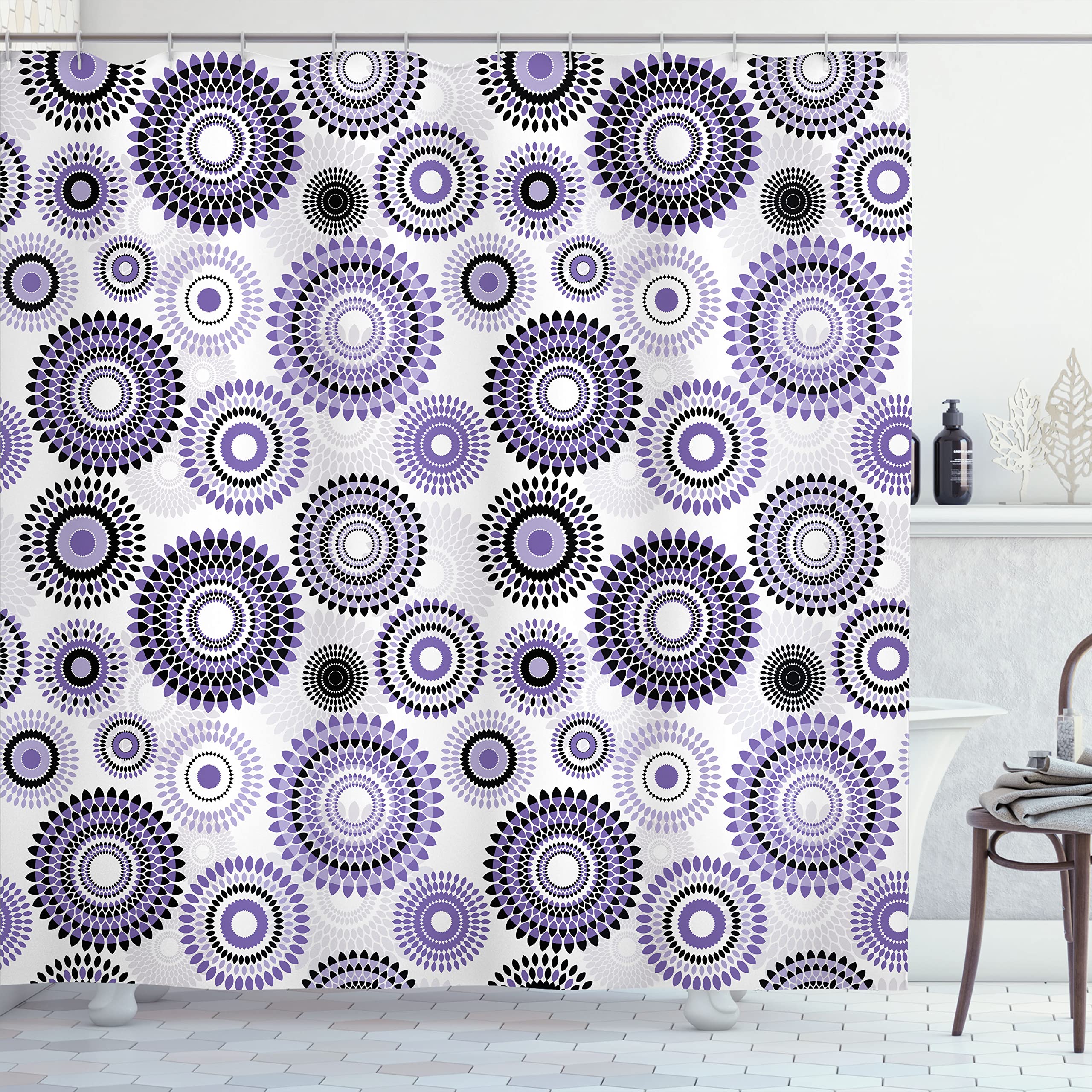 Ambesonne Floral Shower Curtain, Abstract Medallion Pattern Round Shape with Leaves Balls Floral Flowers, Cloth Fabric Bathroom Decor Set with Hooks, 69" W x 75" L, Purple White