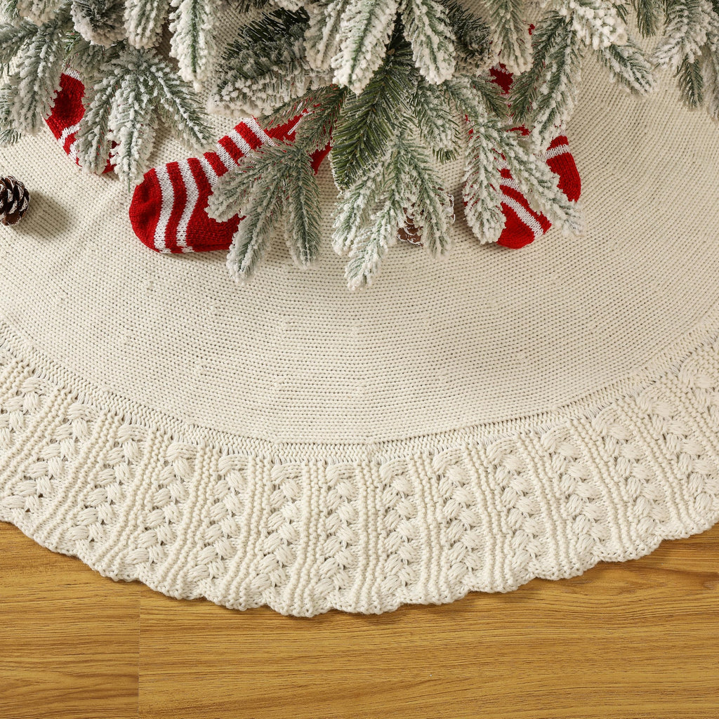 Aeranto Ivory Knitted Christmas Tree Skirt, Cozy Cable Knit Design with Scalloped Edge and Ties, Rustic Farmhouse Holiday Décor for Christmas Tree Base(Ivory, 36")