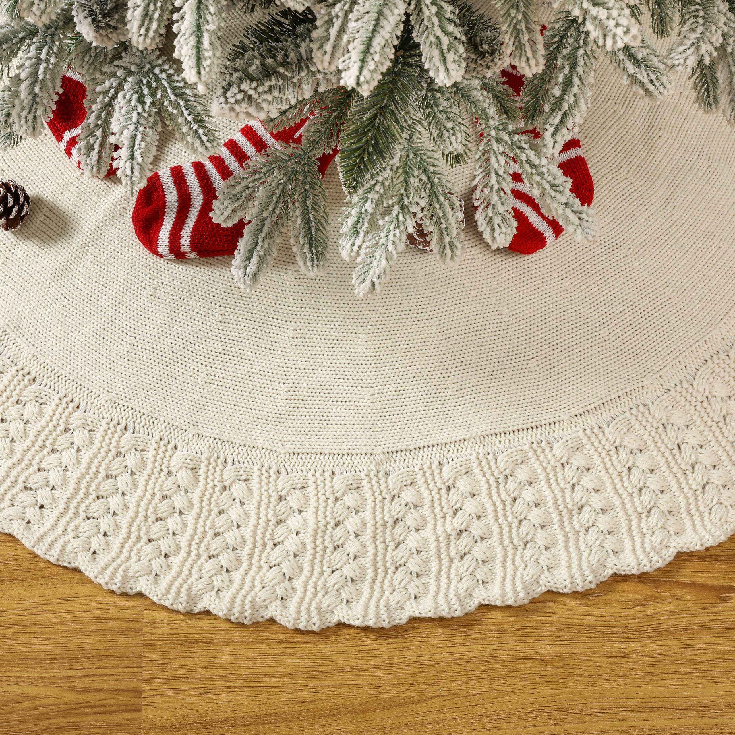 Aeranto Ivory Knitted Christmas Tree Skirt, Cozy Cable Knit Design with Scalloped Edge and Ties, Rustic Farmhouse Holiday Décor for Christmas Tree Base(Ivory, 36")