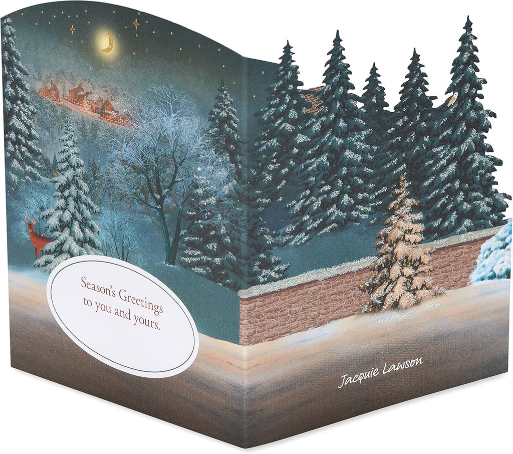 American Greetings 3D Holiday Card - Magic Moments Rustic Cottage in Winter Pine Forest