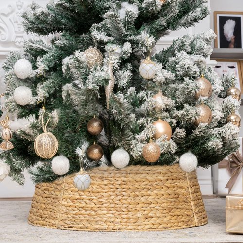 KOLWOVEN 28in Christmas Tree Collar Large to Small Christmas Tree, Woven Christmas Tree Ring Adjustable Skirt, Christmas Tree Skirt for Decoration, Base Protection from Pets (Water Hyacinth)