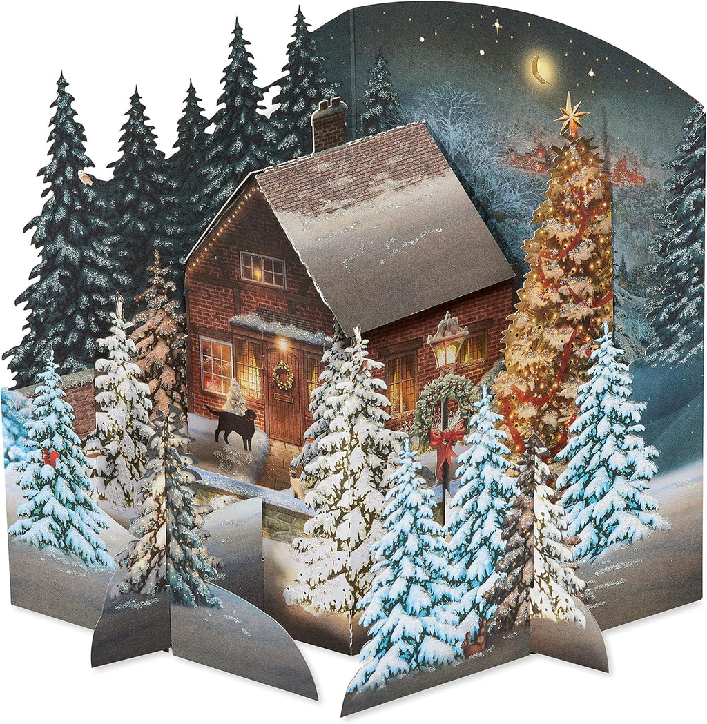 American Greetings 3D Holiday Card - Magic Moments Rustic Cottage in Winter Pine Forest
