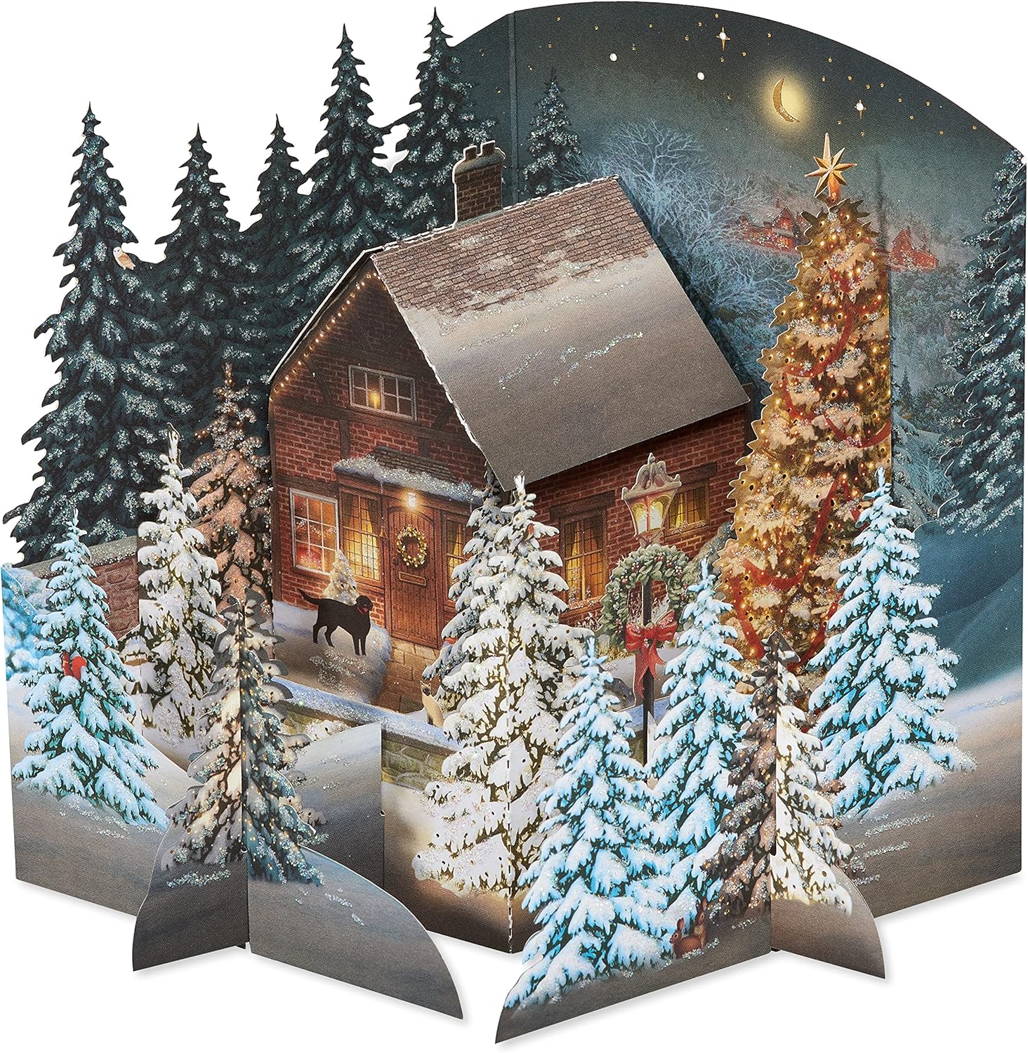 American Greetings 3D Holiday Card - Magic Moments Rustic Cottage in Winter Pine Forest