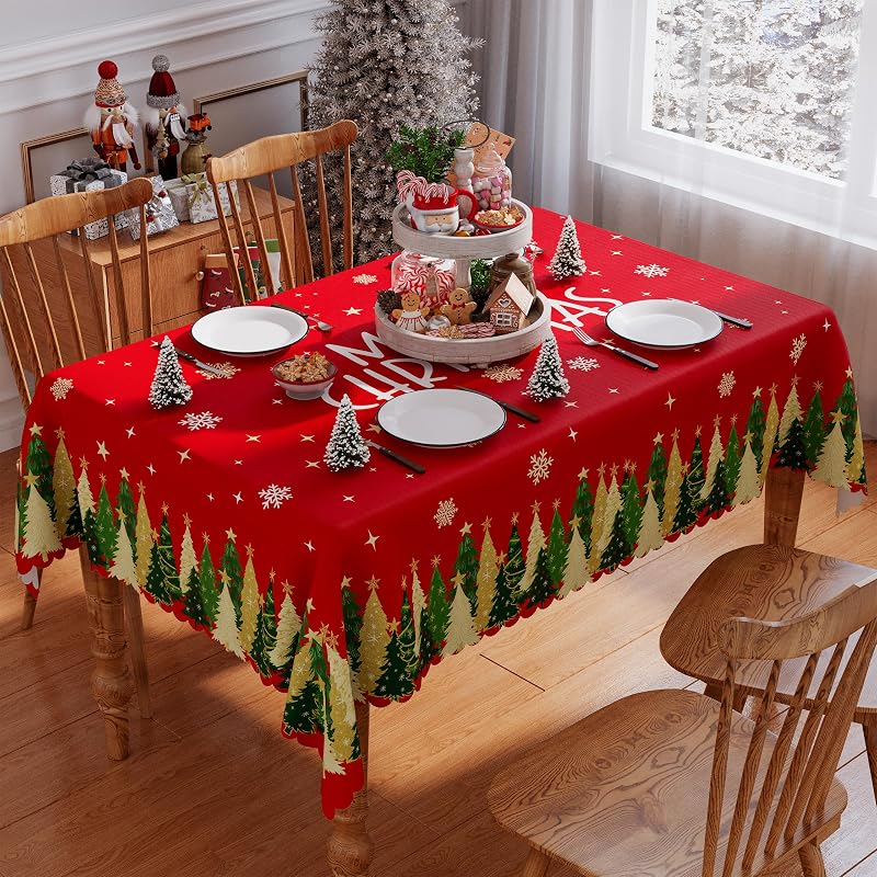 Christmas Tablecloth Rectangle 52x70 Inch - Premium Polyester, Water-Resistant & Machine Washable