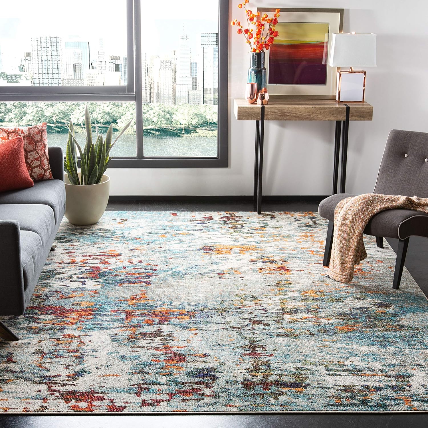 SAFAVIEH Area Rug - Madison Collection - Large 8x10 - Modern Grey & Blue Abstract Design, Non-Shedding & Easy to Clean for Living Room, Bedroom, Office, Dining Space