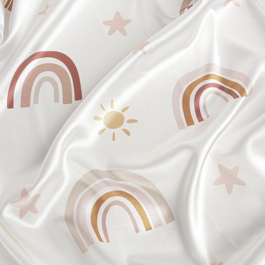 Sweet Jojo Designs Boho Rainbow Girl Baby Satin Fitted Crib Sheet Infant Newborn Nursery Toddler Bed Room Standard Mattress Blush Pink Yellow Bohemian Modern Neutral Vintage Rose Gold Beige Stars Sun