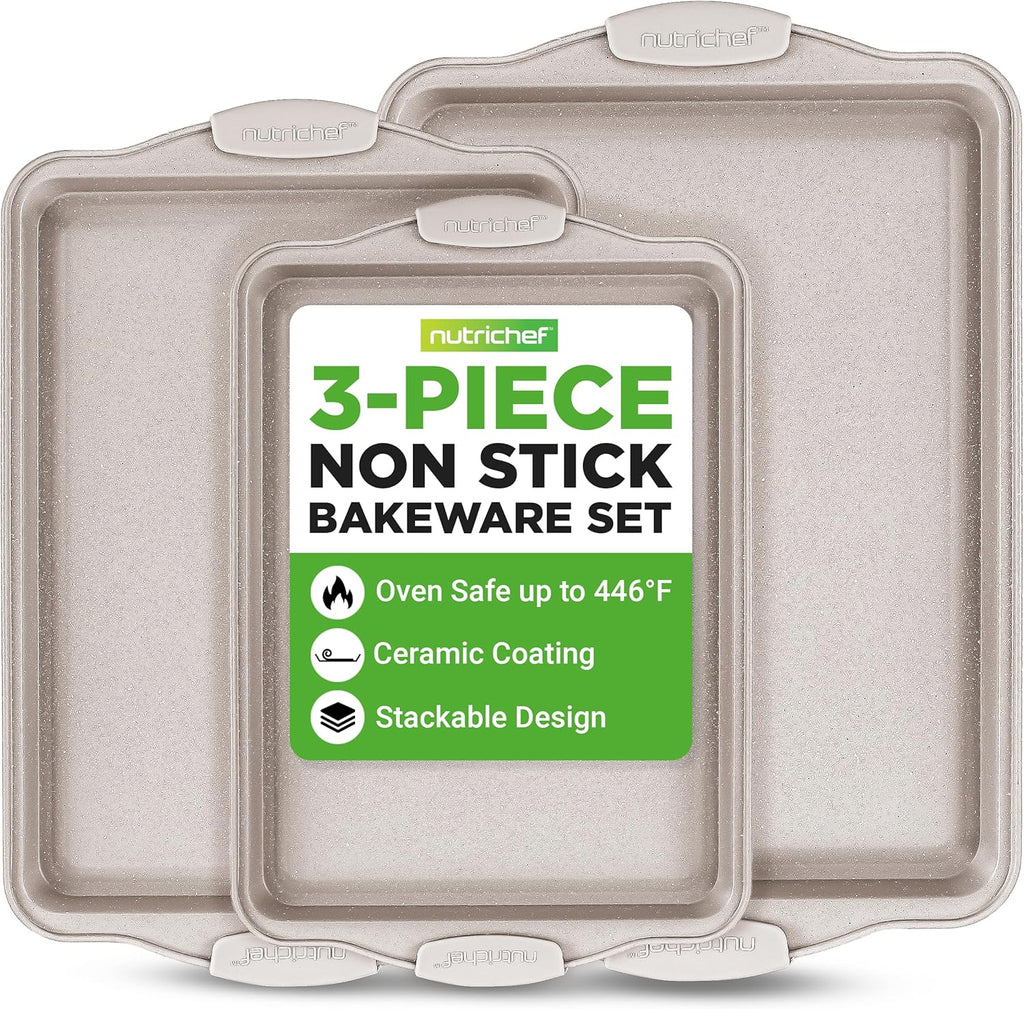 NutriChef Nonstick Cookie Sheets - Premium Carbon Steel Baking Pans with Silicone Handles | Easy Clean, Cream Marble Finish