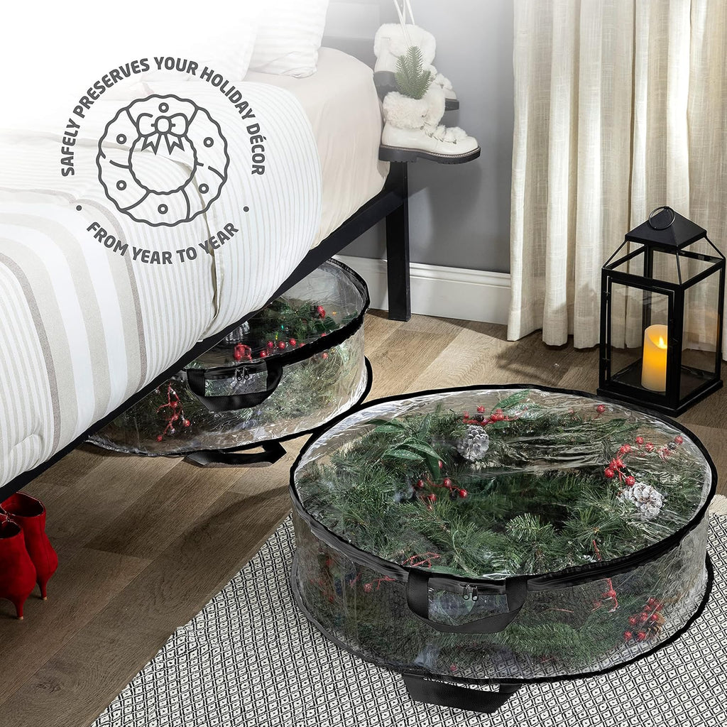 ZOBER Christmas Wreath Storage Container - 24 Inch Dual Zippered Bag with Reinforced Handles - Black