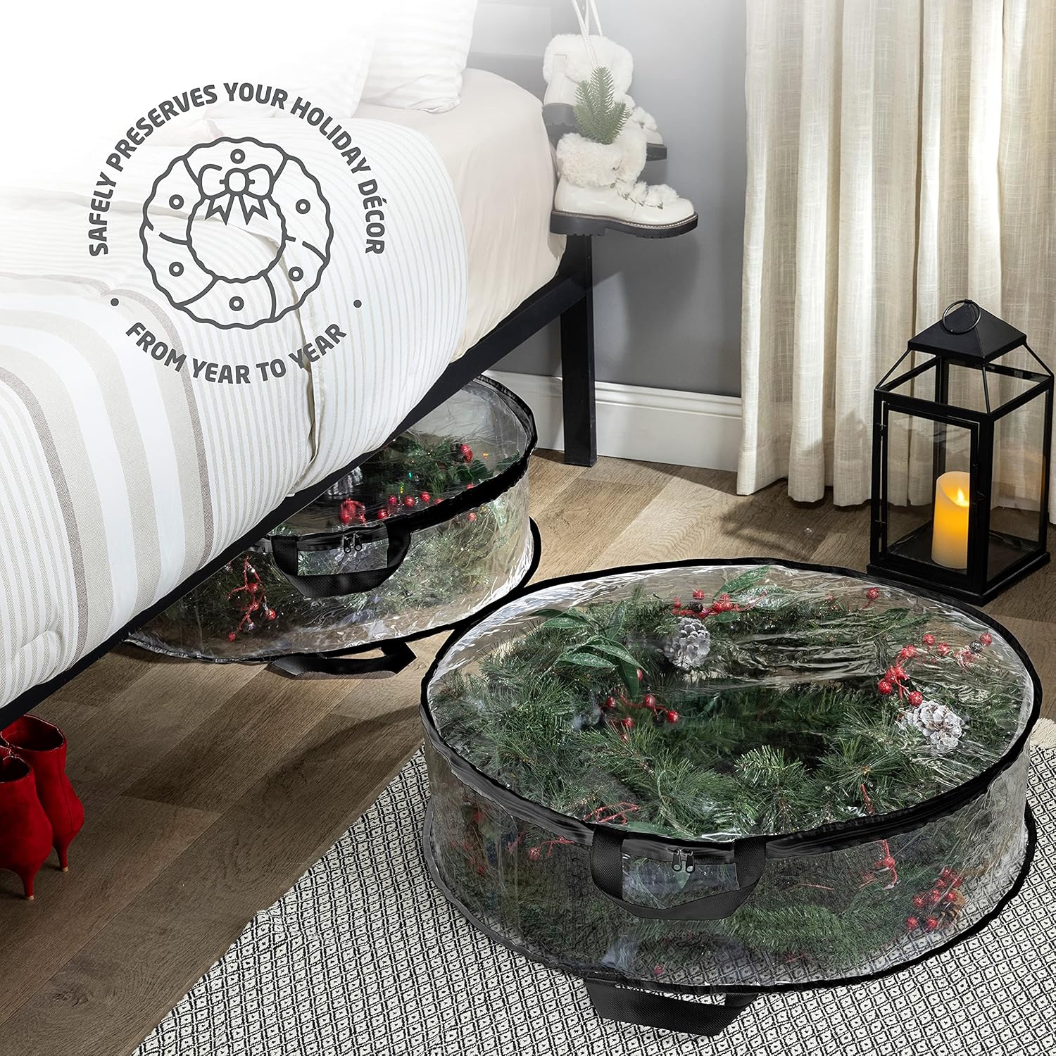 ZOBER Christmas Wreath Storage Container - 30 Inch Wreath Bag with Dual Zippers & Reinforced Handles - Black