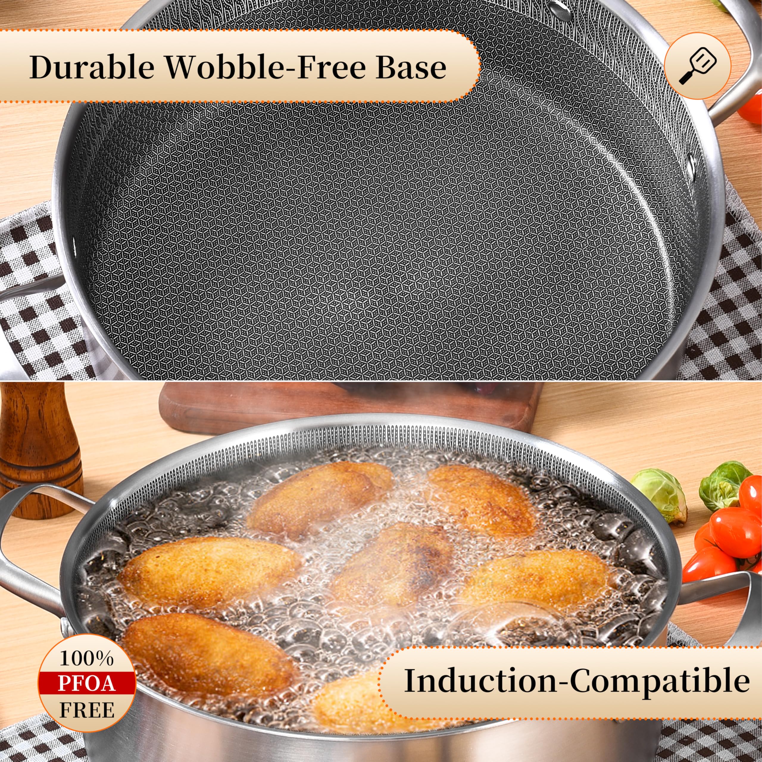 Inqibee 6 QT Hybrid Nonstick Saute Pan with Lid, Tri-Ply Stainless Steel 12 Inch Deep Frying Pan Cookware, Induction Compatible, All Cooktops, Oven & Dishwasher Safe