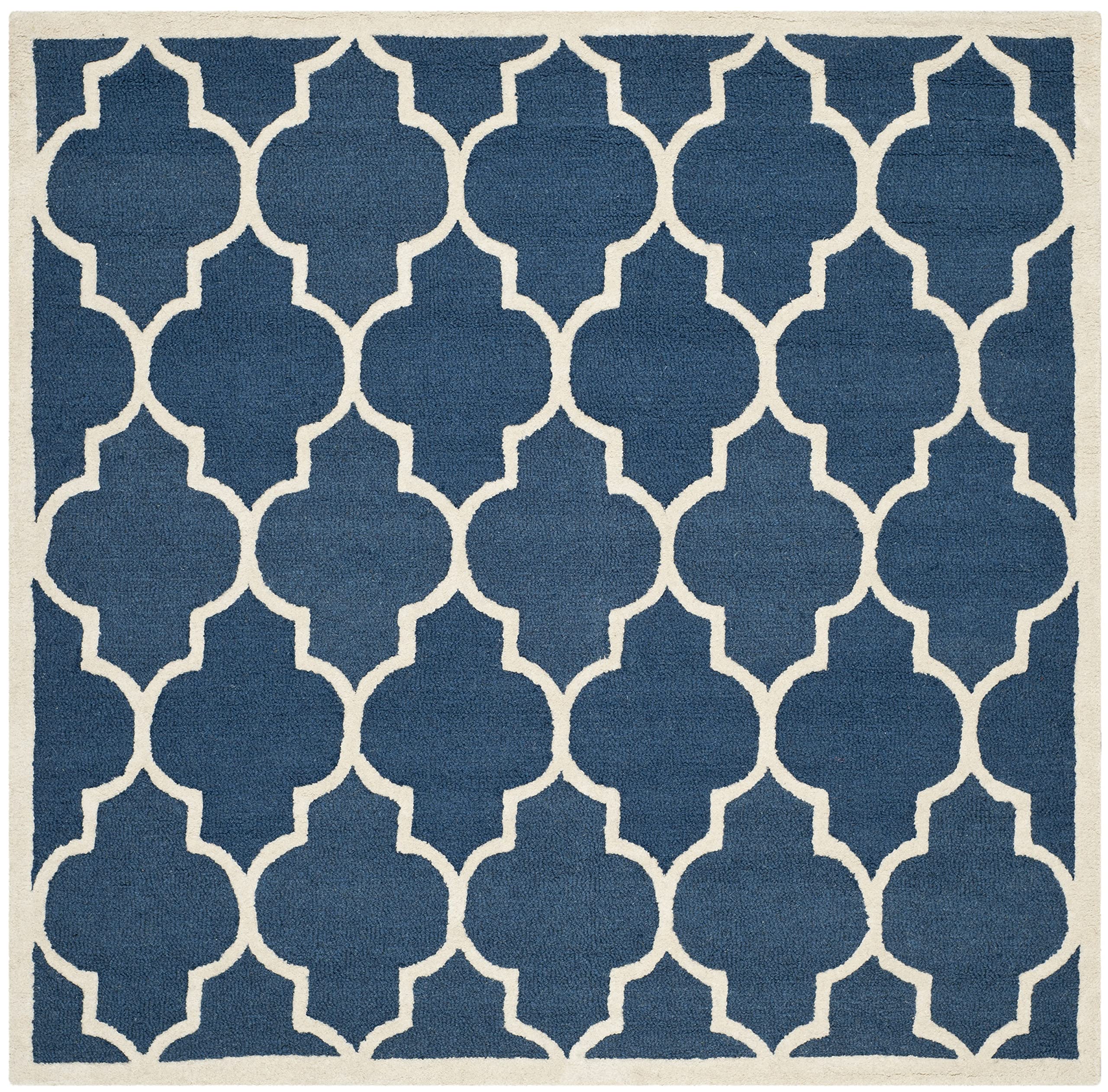 SAFAVIEH Cambridge Collection Area Rug - 6' Square, Navy & Ivory, Handmade Moroccan Trellis Wool, Ideal for High Traffic Areas in Living Room, Bedroom (CAM134G)
