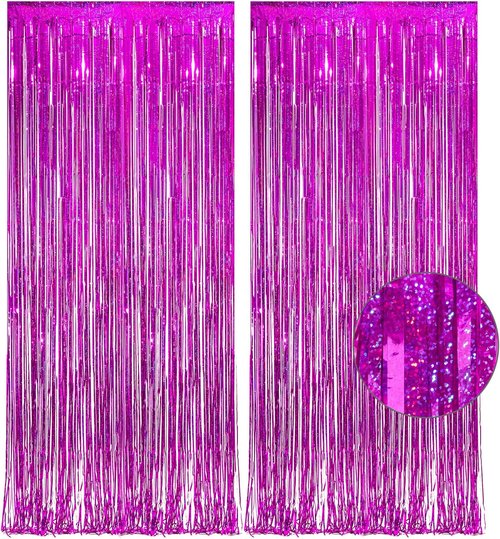 GREATRIL Magenta Tinsel Curtain Backdrop - Foil Fringe Streamers for Bachelorette Party | 2 PCS