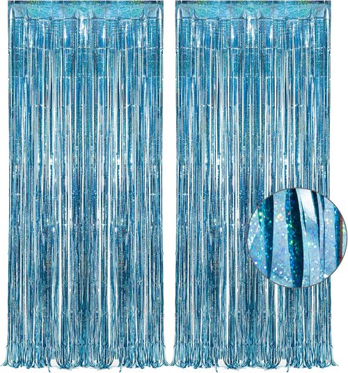 GREATRIL Blue Tinsel Curtain Backdrop - Foil Streamers for Frozen, Mermaid & Baby Parties - Set of 2