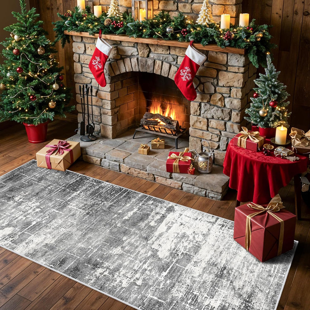 Skiennix Abstract Kitchen Runner Rug - Washable Non-Slip Low Pile Carpet | 2x6 Black/Grey for Modern Home Decor