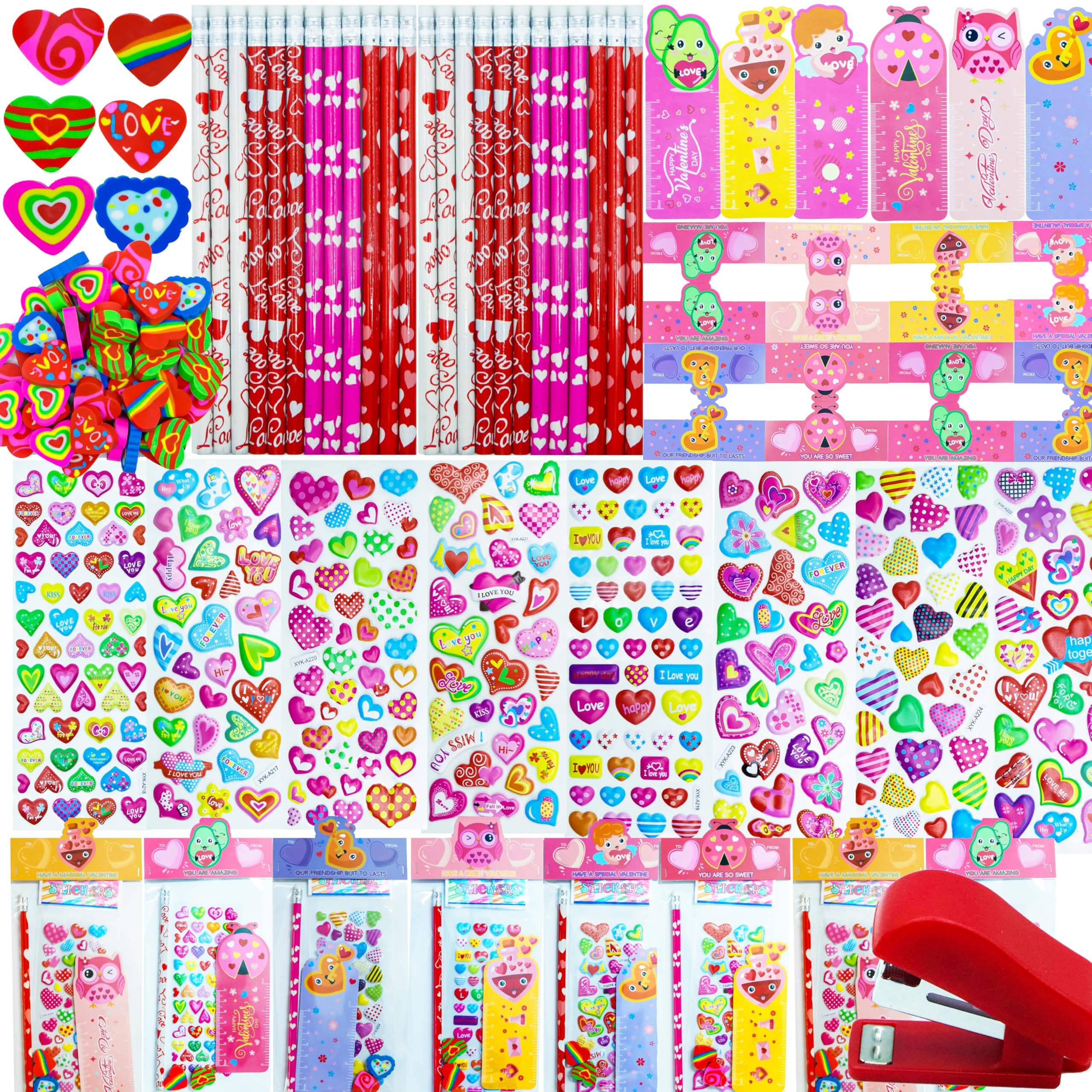 Decodinli 28 Pack Valentines Day Gifts for Kids - Valentine's Day Party Favors for School Exchanges Gifts with Erasers, Pencils, Stickers and Rulers, Valentine's Day Stationery Set with Gift Card