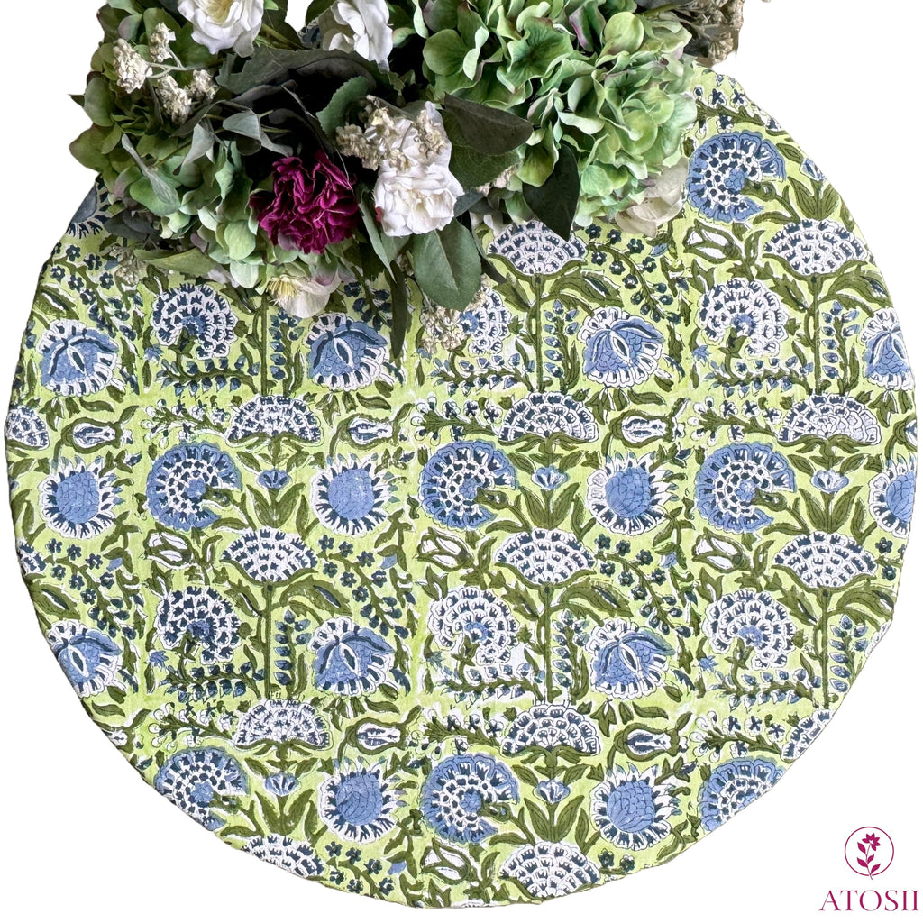 ATOSII Amara 100% Cotton Round Summer Tablecloth, Handblock Print Floral Table Cloth for Kitchen Dining Linen I Parties, Weddings, Outdoors I Grand Millennial Farmhouse Home Decor 72" Inches Round