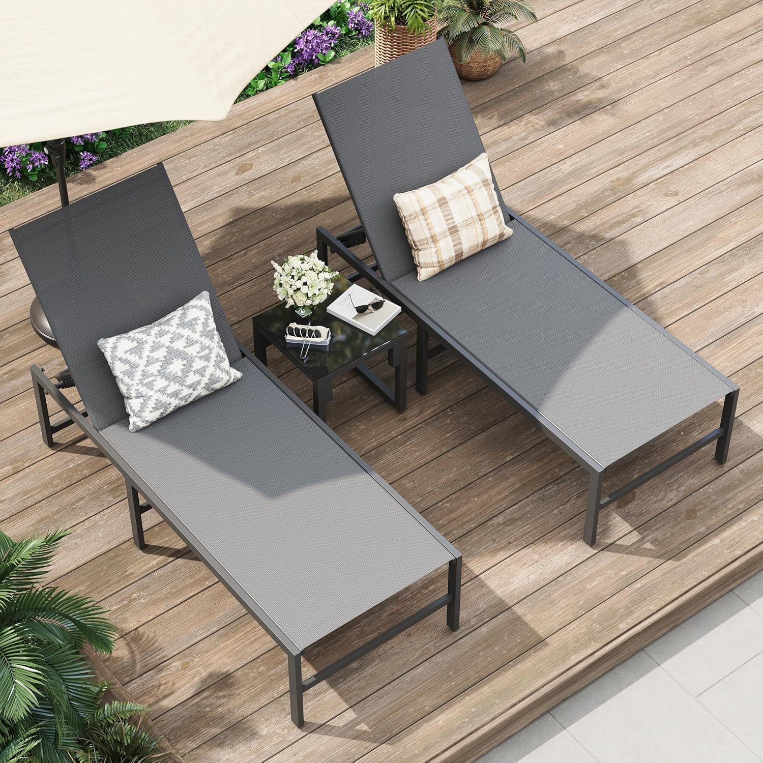 Amopatio 3-Piece Patio Lounge Chair Set - Adjustable Outdoor Chaise Lounge with Side Table | Weather-Resistant, 400 LBS Capacity (Gray)