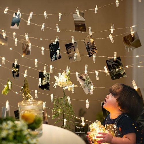 LUSHARBOR Fairy String Lights - 33FT Battery Operated with 51 Photo Clips for Room Decor | Clear Clips