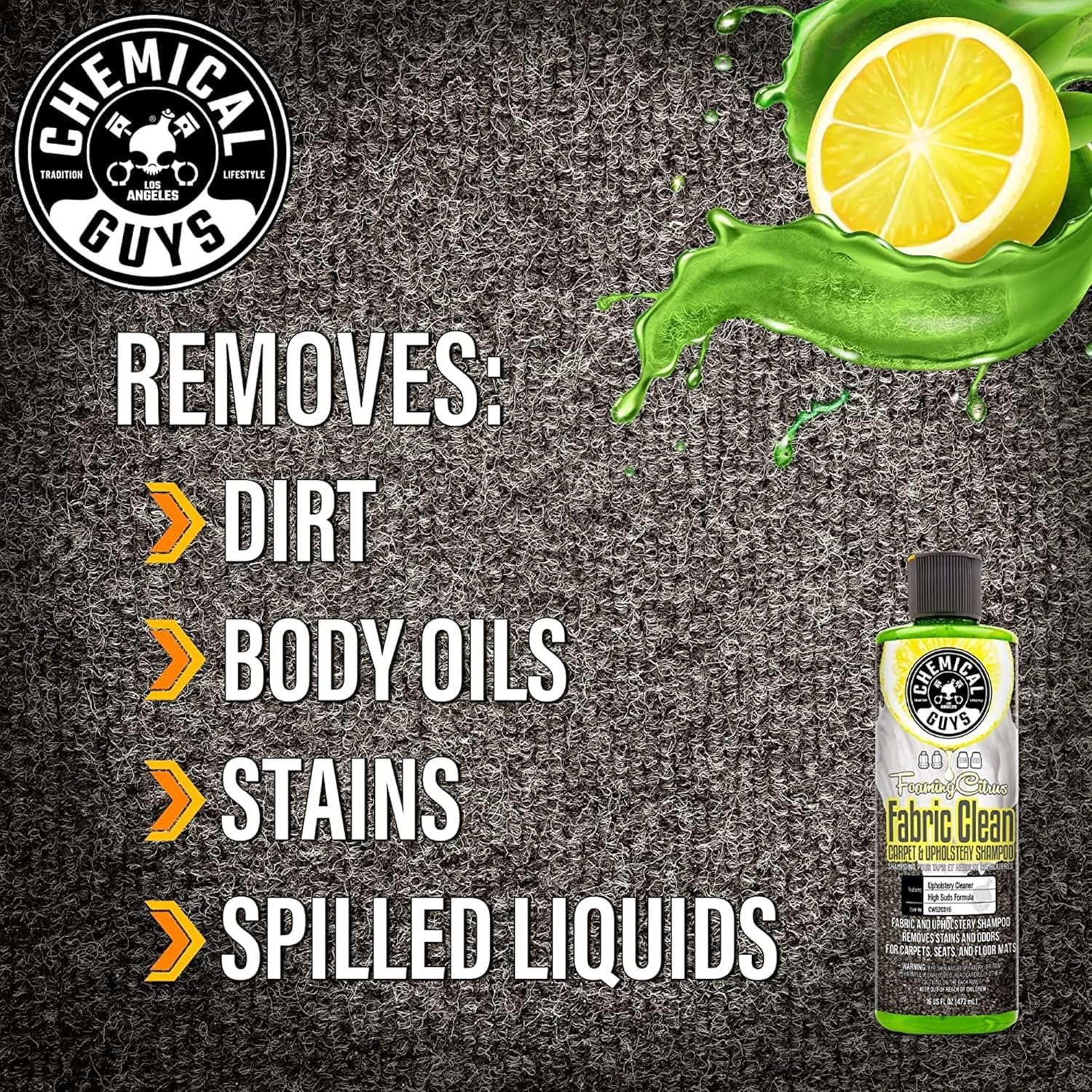 Chemical Guys Foaming Citrus Fabric Cleaner Kit - High Foaming Stain Remover & Deodorizer, 16 fl oz