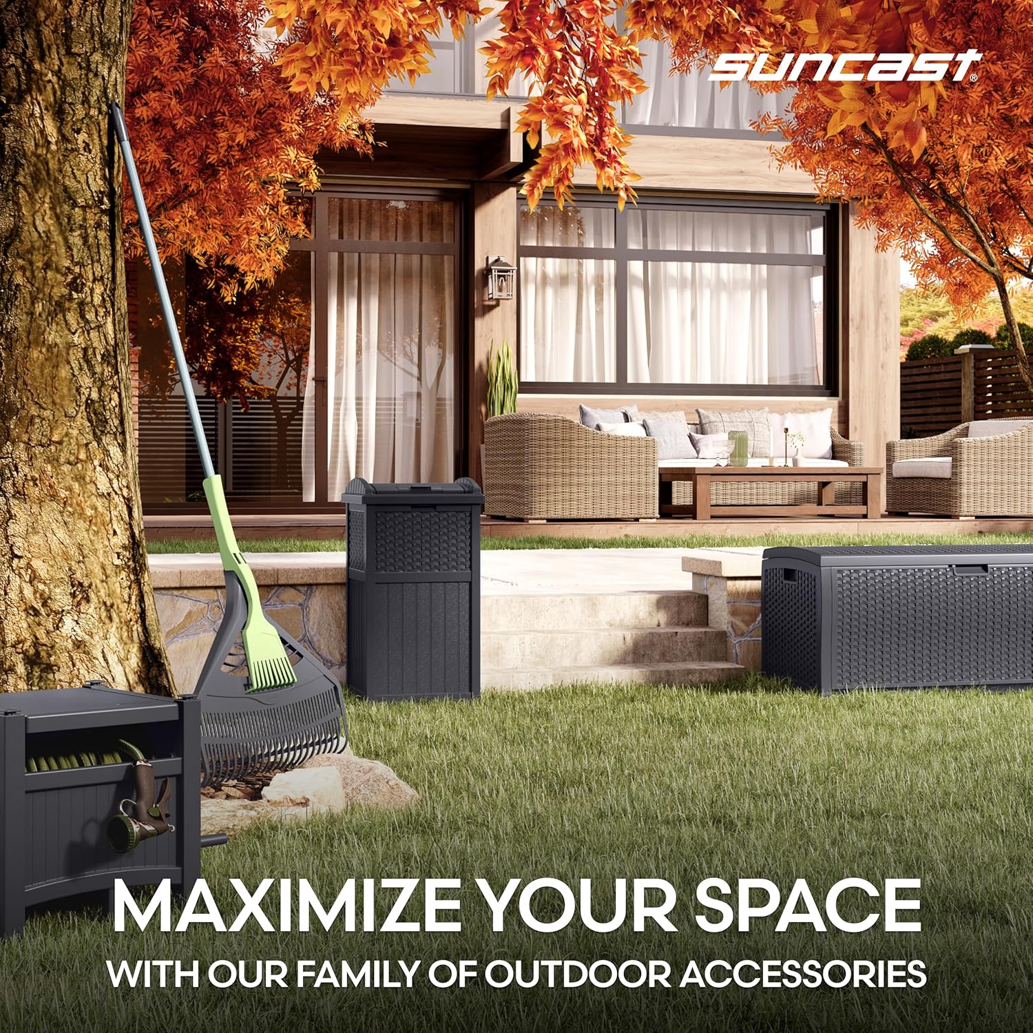 Suncast 33 Gallon Wicker-Style Trash Can - Secure Latching Lid & Weather-Resistant Design | Cyberspace Grey