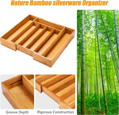Bellsal Bamboo Silverware Organizer - Expandable Kitchen Drawer Utensil Holder | Cutlery Tray for Home Use