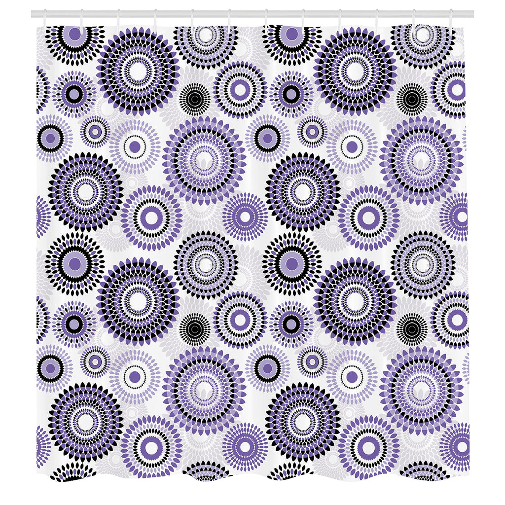 Ambesonne Floral Shower Curtain, Abstract Medallion Pattern Round Shape with Leaves Balls Floral Flowers, Cloth Fabric Bathroom Decor Set with Hooks, 69" W x 75" L, Purple White