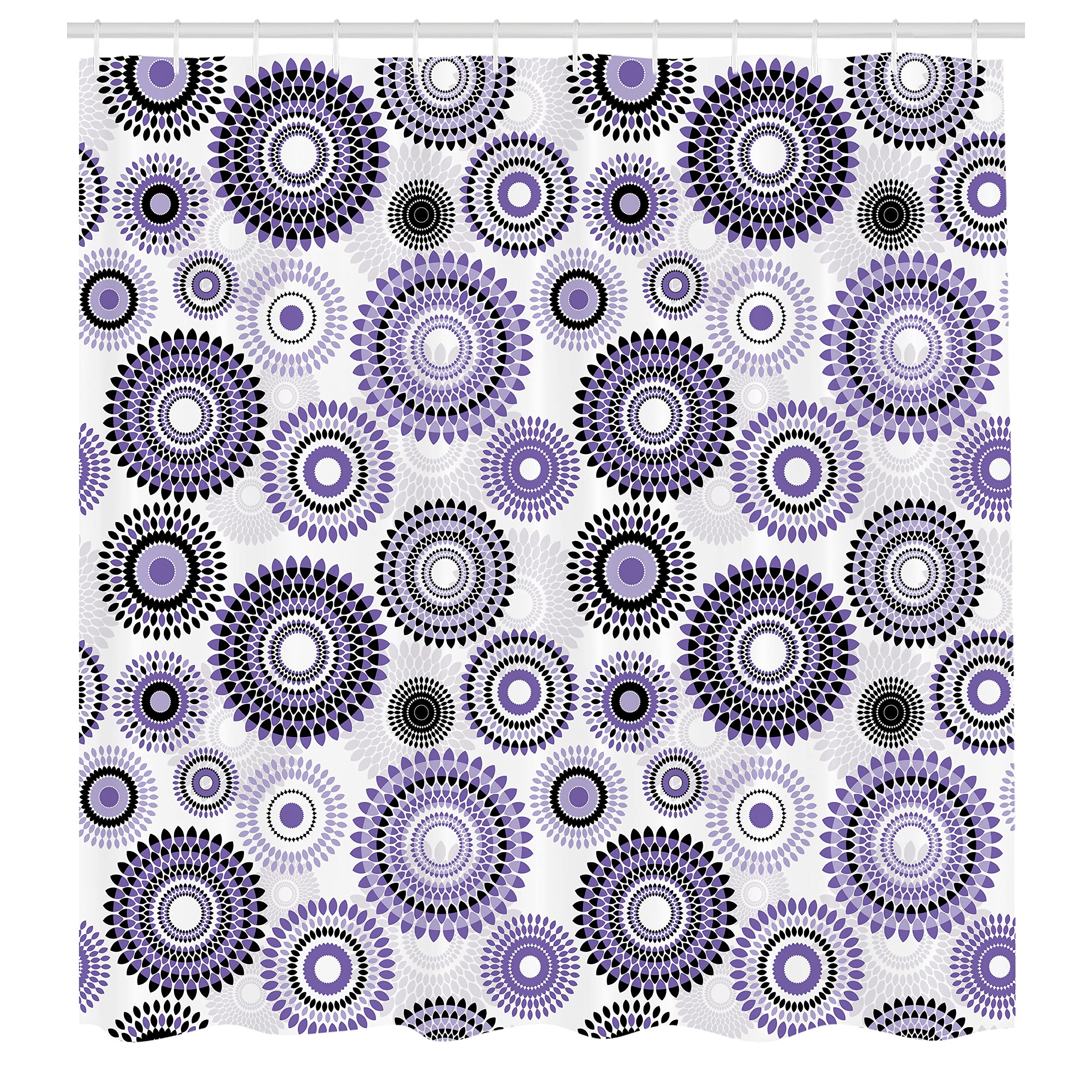 Ambesonne Floral Shower Curtain, Abstract Medallion Pattern Round Shape with Leaves Balls Floral Flowers, Cloth Fabric Bathroom Decor Set with Hooks, 69" W x 75" L, Purple White