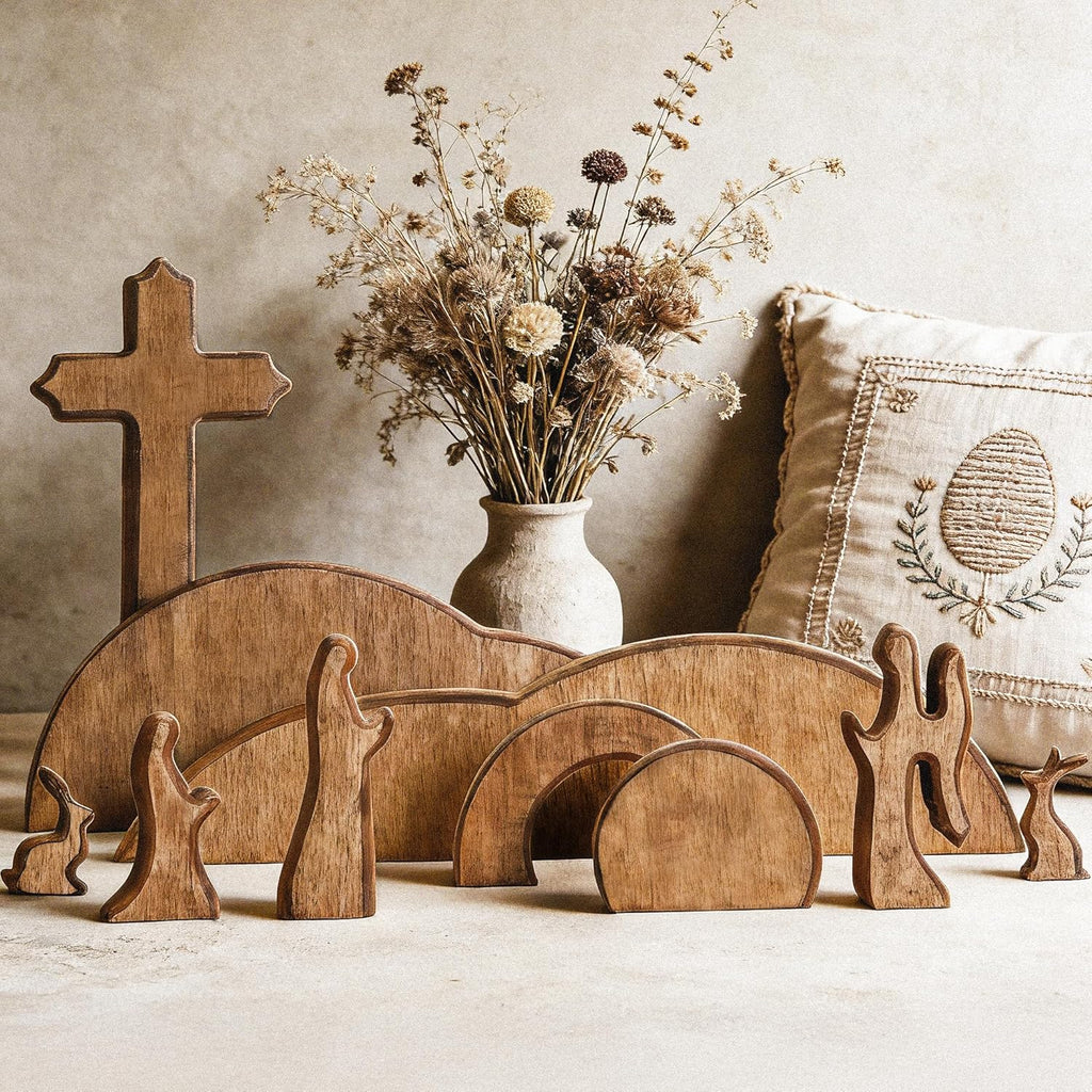 TW SHINE Wooden Easter Scene Decoration - Empty Tomb & Cross Tray Set for Home & Office
