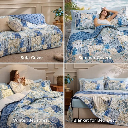Bedsure Patchwork Quilts - Reversible Blue Floral Queen Comforter | Lightweight Summer Bedspread (90"x96")
