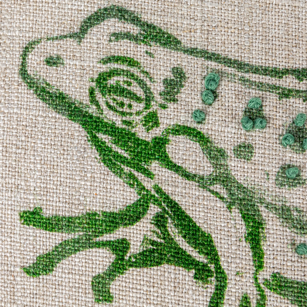 16" Square Linen Blend Printed Pillow with Frog and The Kissing Booth is Closed Text Prints and French Knots, Natural and Green