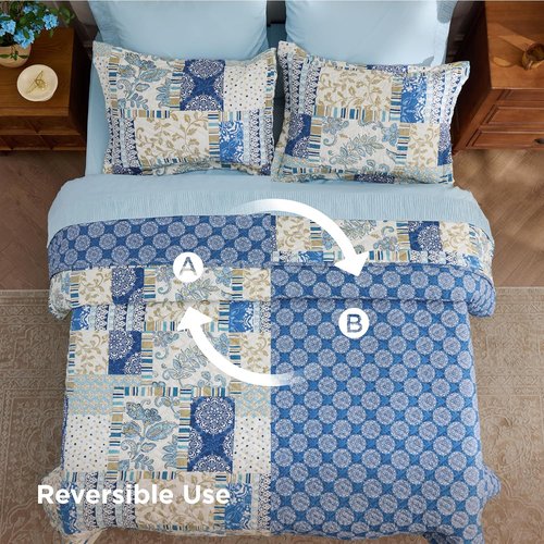 Bedsure Patchwork Quilts - Reversible Blue Floral Queen Comforter | Lightweight Summer Bedspread (90"x96")