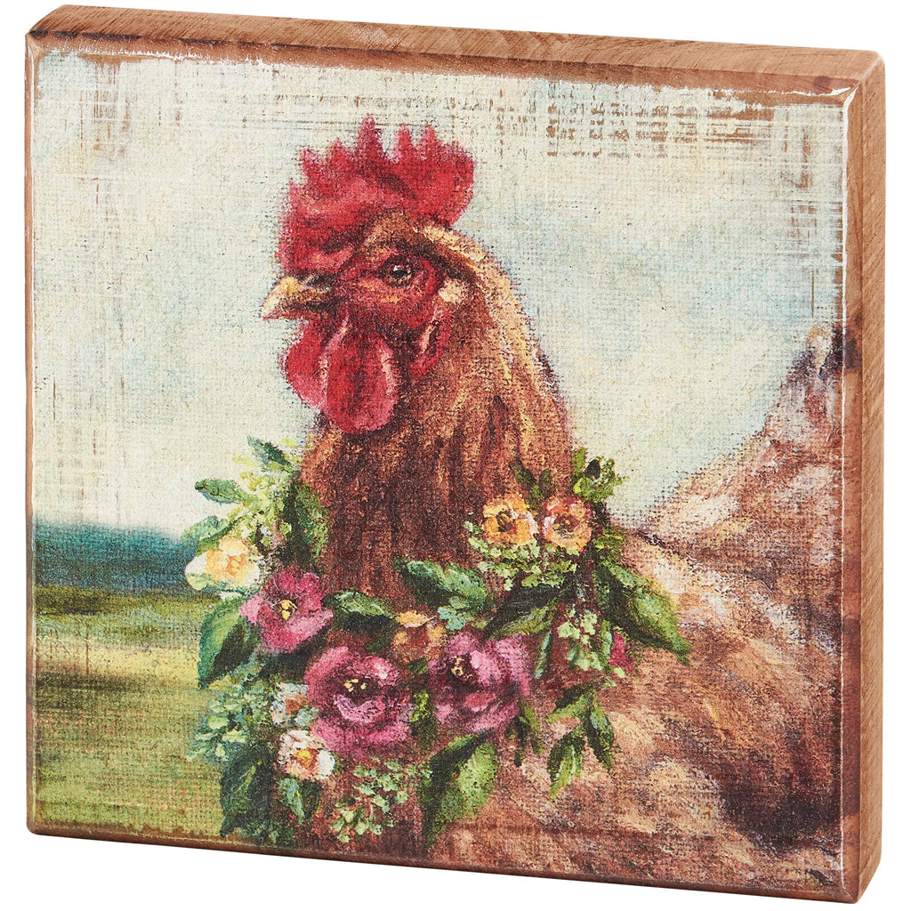 Primitives by Kathy Spring Floral Chicken Sign for Home Décor, Natural Wood Block Sign, Rustic Style with Distressed Details, Hand Painted Art, 6 by 6 Inches, Designed for Wall or Tabletop Display