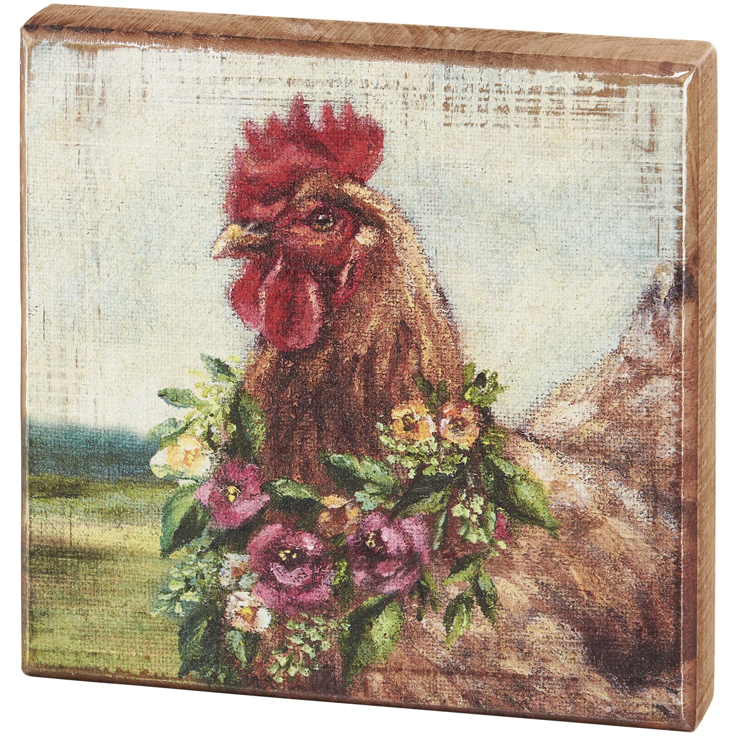 Primitives by Kathy Spring Floral Chicken Sign for Home Décor, Natural Wood Block Sign, Rustic Style with Distressed Details, Hand Painted Art, 6 by 6 Inches, Designed for Wall or Tabletop Display