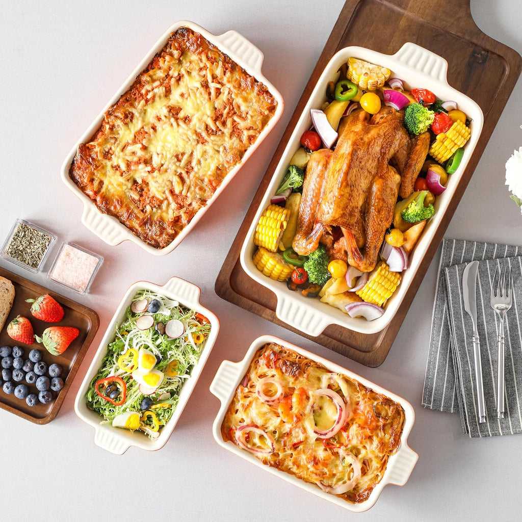 MALACASA Casserole Dishes - Porcelain Bakeware Set of 4 in White and Orange for Oven Cooking