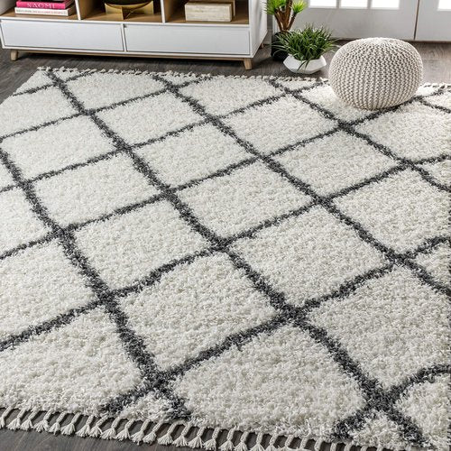 JONATHAN Y Mercer Shag Plush Tassel Cream/Gray Indoor Area Rug, 3x5, Moroccan Geometric Trellis, Transitional, Easy-Cleaning for Living Room, Bedroom, Kitchen, Non-Shedding (MCR104B-3)