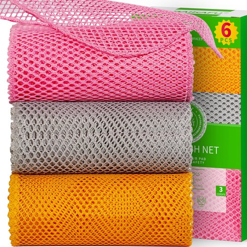 BAIKAFU 6Pcs Dish Wash Net,Innovative Mesh Cloth,Ultra Non-Scratch Dish Rags for Washing Dishes,100% No Odor/Quick Dry,Perfect Scrubber,Dish Sponges for Washing Dishes Yellow/Pink/Gray