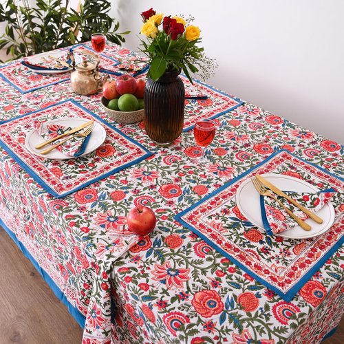 DecorAvenue Hand Block Printed Cotton Tablecloth Elegant Floral Design Perfect for Dining Table Kitchen Parties Home Decor, Wall Tapestry (Peach Floral, 10 Seater 72 x 118 Inches Rectangle)