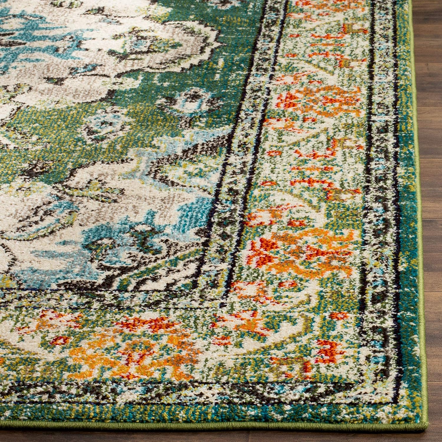 SAFAVIEH Monaco Collection Area Rug - 8' x 10', Forest Green & Light Blue, Non-Shedding | Easy to Clean Medallion Design