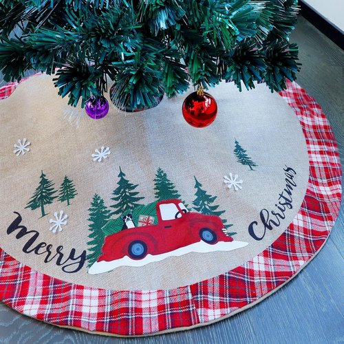 Juegoal 48-Inch Christmas Tree Skirt - Burlap Xmas Mat with Red & White Plaid Edge for Holiday Decor