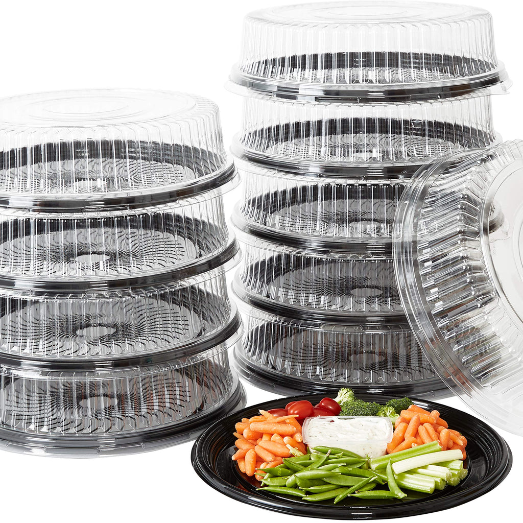 Avant Grub Heavy Duty, Recyclable 16 in. Serving Tray and Lid 10pk. Large, Black Plastic Party Platters with Clear Lids Dishware Plate, Elegant Round Banquet or Catering Trays for Serving
