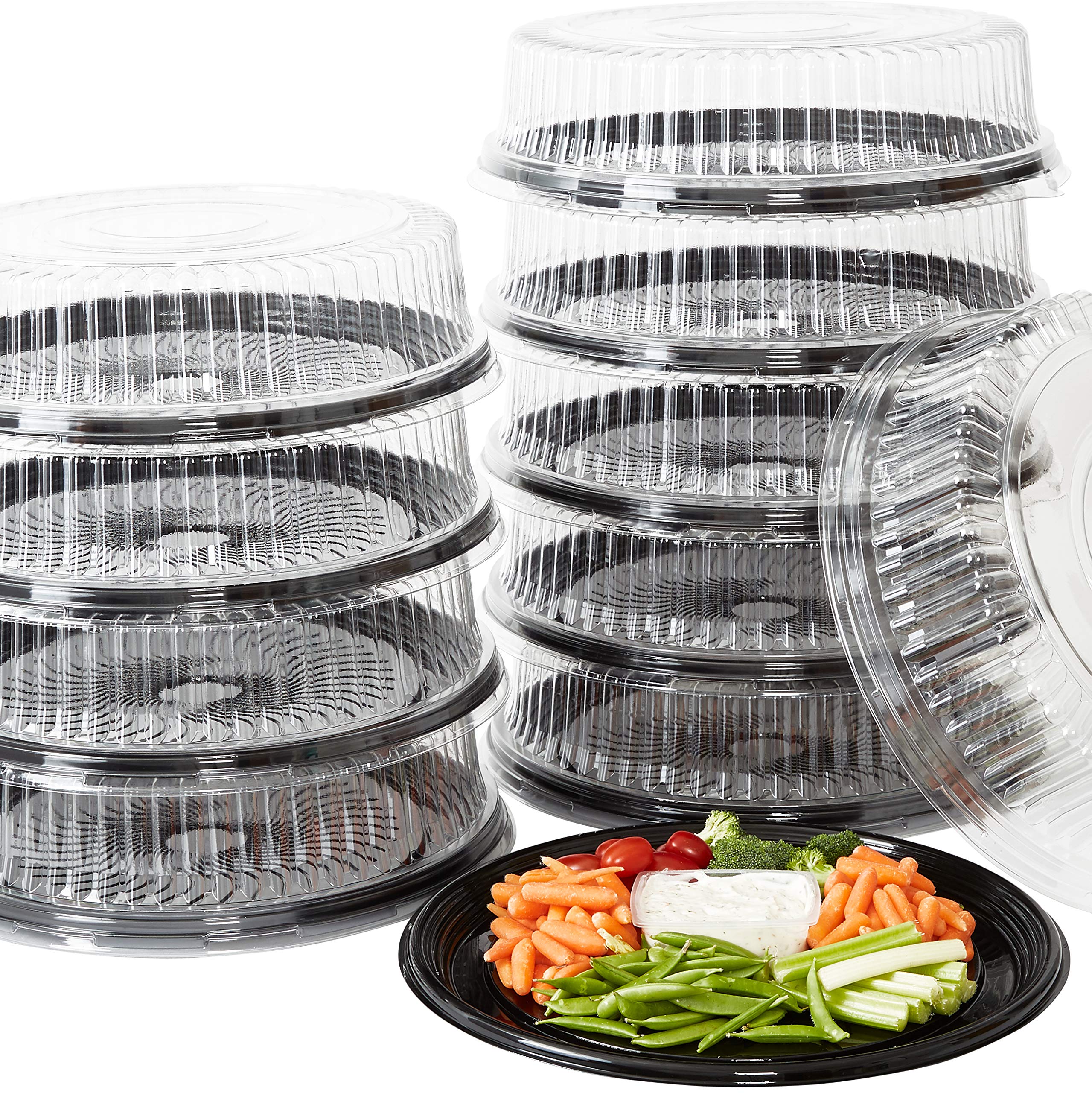 Avant Grub Heavy Duty, Recyclable 16 in. Serving Tray and Lid 10pk. Large, Black Plastic Party Platters with Clear Lids Dishware Plate, Elegant Round Banquet or Catering Trays for Serving