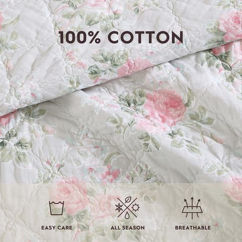 Laura Ashley- King Quilt Set, Reversible Cotton Bedding with Matching Sham(s), Lightweight Home Decor for All Seasons, Coquette Room Decor (Melany Pink, King)