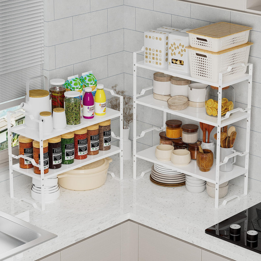 Jojocross Expandable Shelf for Cabinet Organizer Adjustable Stackable Spice Rack at Kitchen and Bathroom more, Counter Countertop Cupboard Organization Pantry Storage(LARGE/3PACKS/WHITE)
