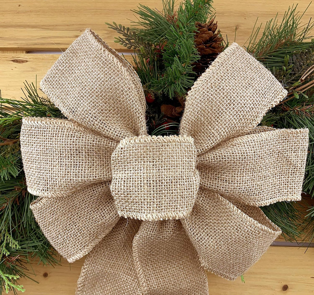 Natural Burlap Ribbon Wreath Bow - 10" Wide with 18" Long Tails for Year-Round Decor