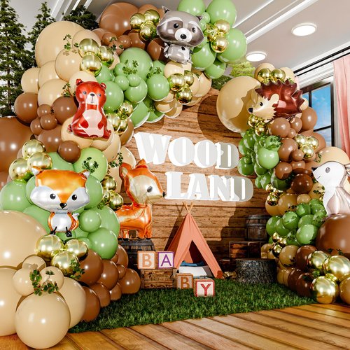 ALL-IN-1 Woodland Balloon Arch Kit with BONUS Animals 6x Balloons for Woodland Baby Shower Decorations - Green and Brown Balloons for Shrek Party Decorations & Safari Baby Shower Decorations - Jungle