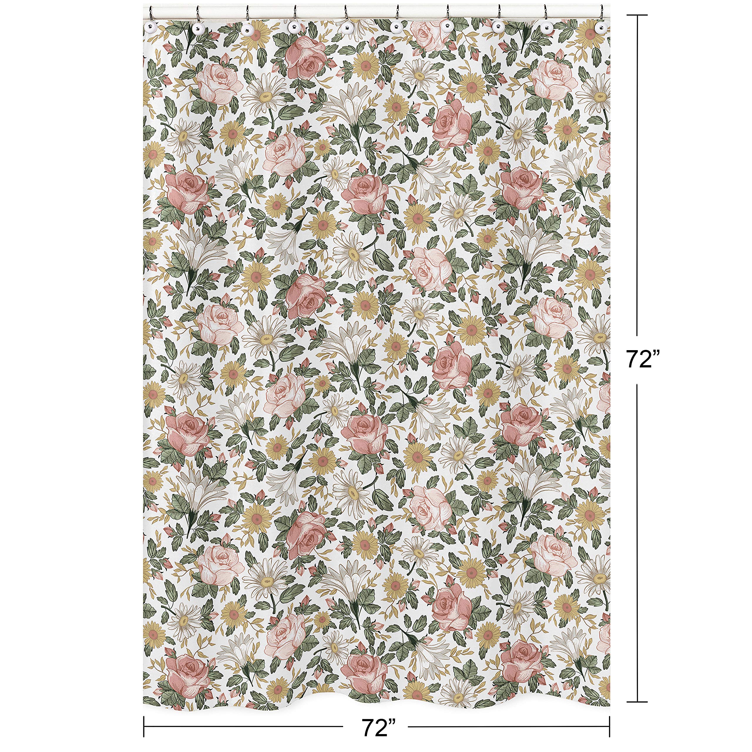 Sweet Jojo Designs Vintage Floral Boho Bathroom Fabric Bath Shower Curtain - Blush Pink, Yellow, Green and White Shabby Chic Rose Flower Farmhouse