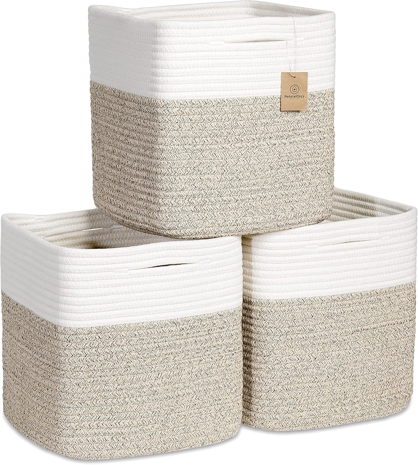 NaturalCozy Storage Cubes - 11 Inch Cotton Rope Baskets for Organizing | 3-Pack Cube Bin Set for Kids, Nursery, Closet