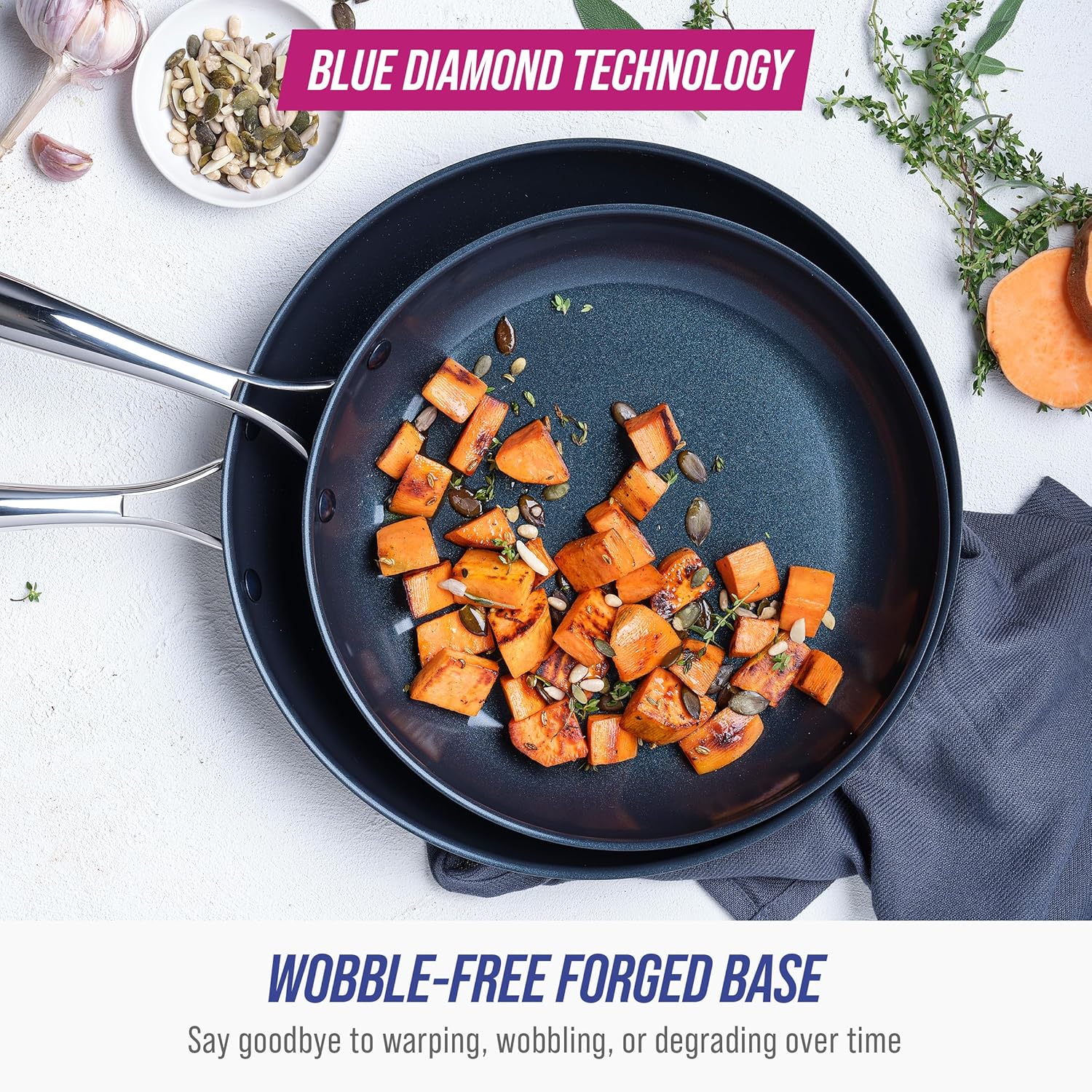Blue Diamond Cookware Nonstick Frying Pan Skillet Set - 10" & 12" | PFAS-Free, Dishwasher & Oven Safe, Grey